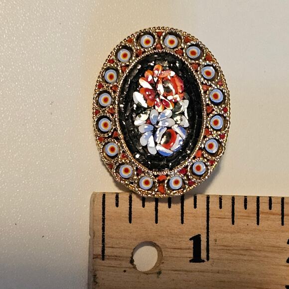 Vintage Millefiori Gold Mini Mosaic Red & Blue Floral Brooch - Picture 5 of 6